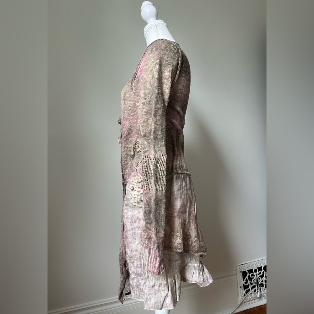 ELISA CAVALETTI Pink Boho Cotton Linen Artisan Layered Long Sleeve Midi Dress - Picture 2 of 8